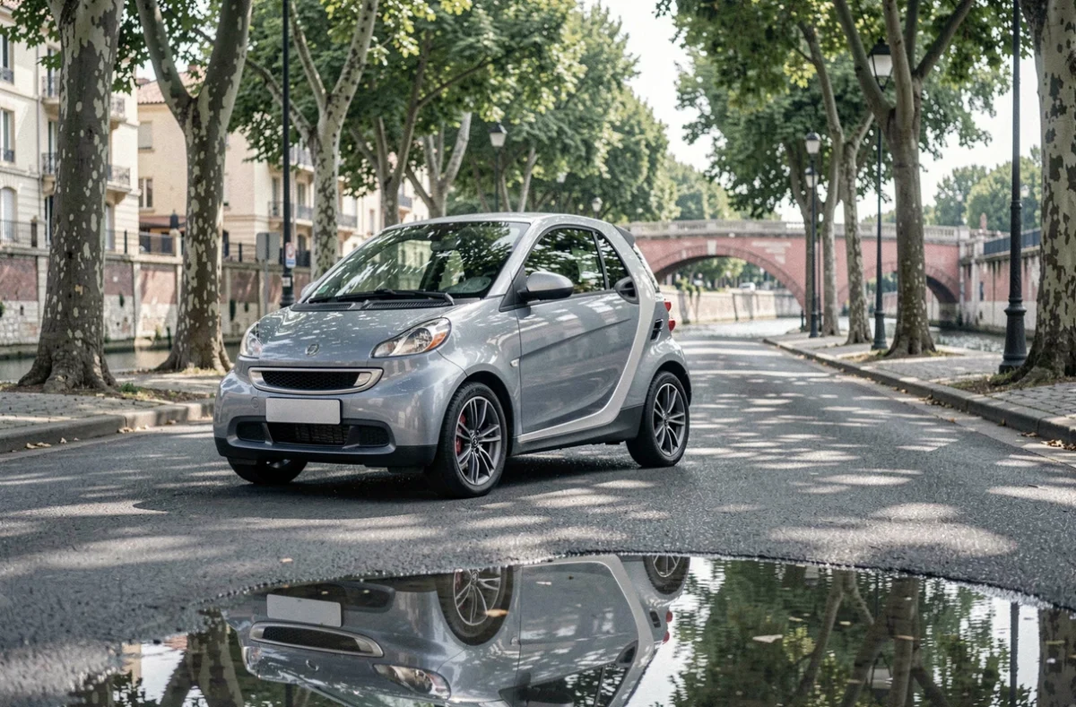 Voiture sans permis électrique garée près du Canal du Midi à Toulouse