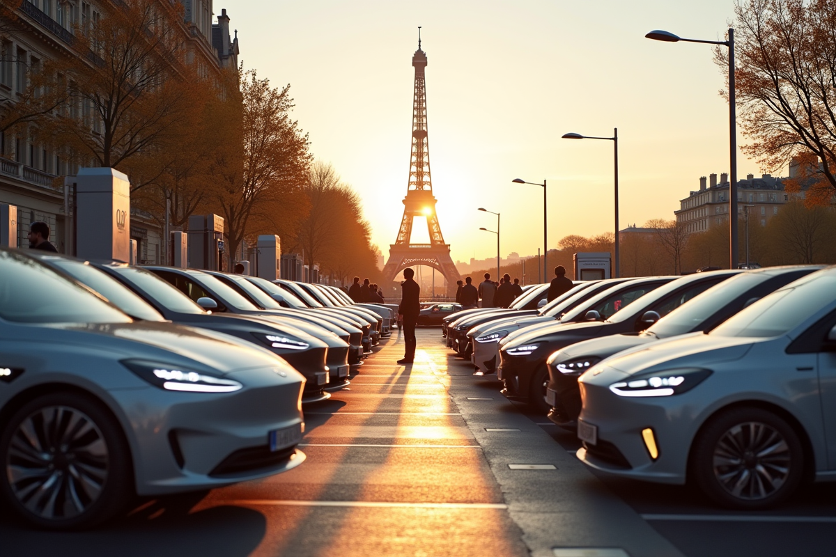 Voitures électriques 2025 au stationnement à Paris avec Tour Eiffel