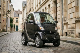 Voiturette sans permis garée dans une rue pavée de Tours près d'une façade en tuffeau