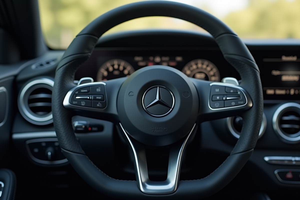Détail du volant et du tableau de bord MercedesBenz avec logo SRS