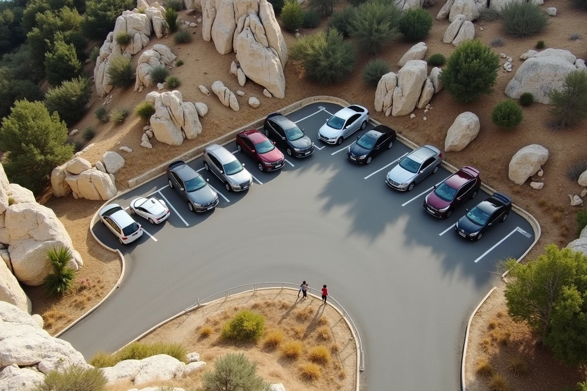 Vue en hauteur d'un parking asphalté en basse saison entouré de rochers et garrigue aux Baux-de-Provence