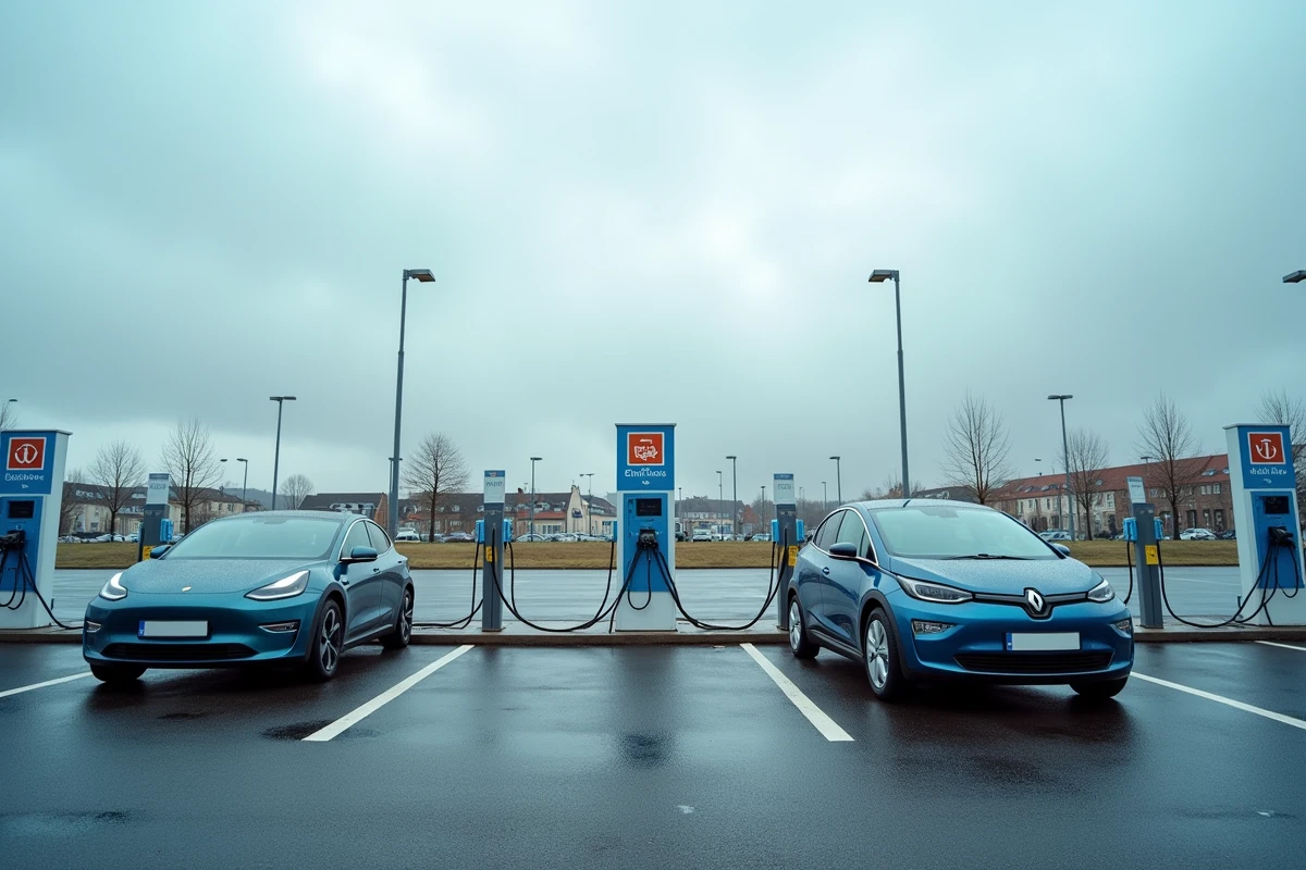 Vue large des bornes de recharge pour voitures électriques dans le parking extérieur d'un hypermarché Carrefour
